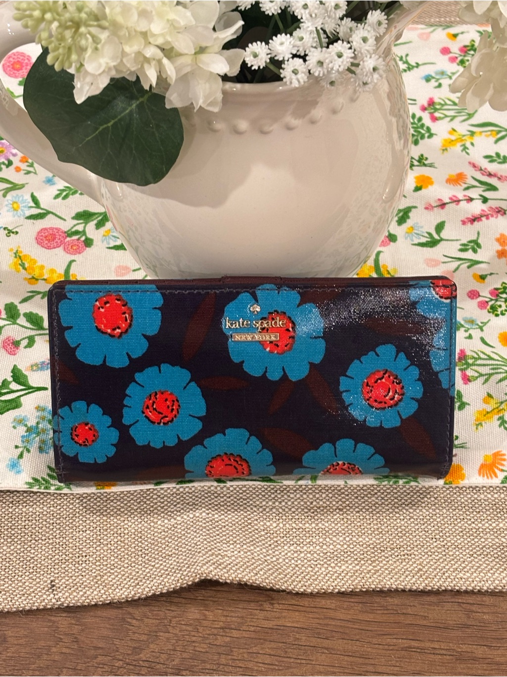 Kate Spade Patent Floral Long Wallet In Blue And Red On Black
